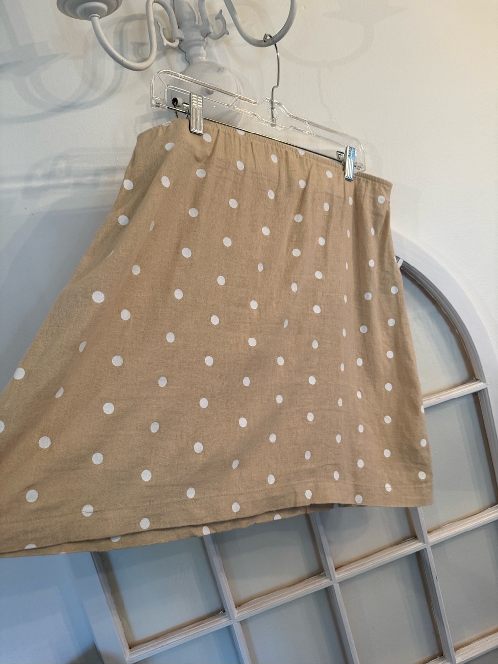 Size Large Old Navy Tan Mini Skirt with White Polka Dots Linen Cotton Coquette
